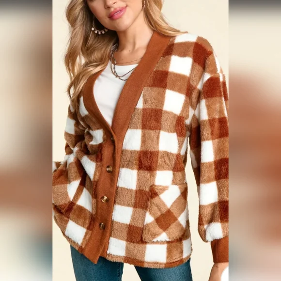 PLUS RUST V NECK CARDIGAN WITH POCKETS - Picture 1 of 6